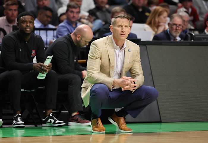Mar 16, 2023; Birmingham, AL, USA; Alabama Crimson Tide head coach Nate Oats looks on against the Texas A&M-CC Islanders during the first half in the first round of the 2023 NCAA Tournament at Legacy Arena. Mandatory Credit: Vasha Hunt-USA TODAY Sports
